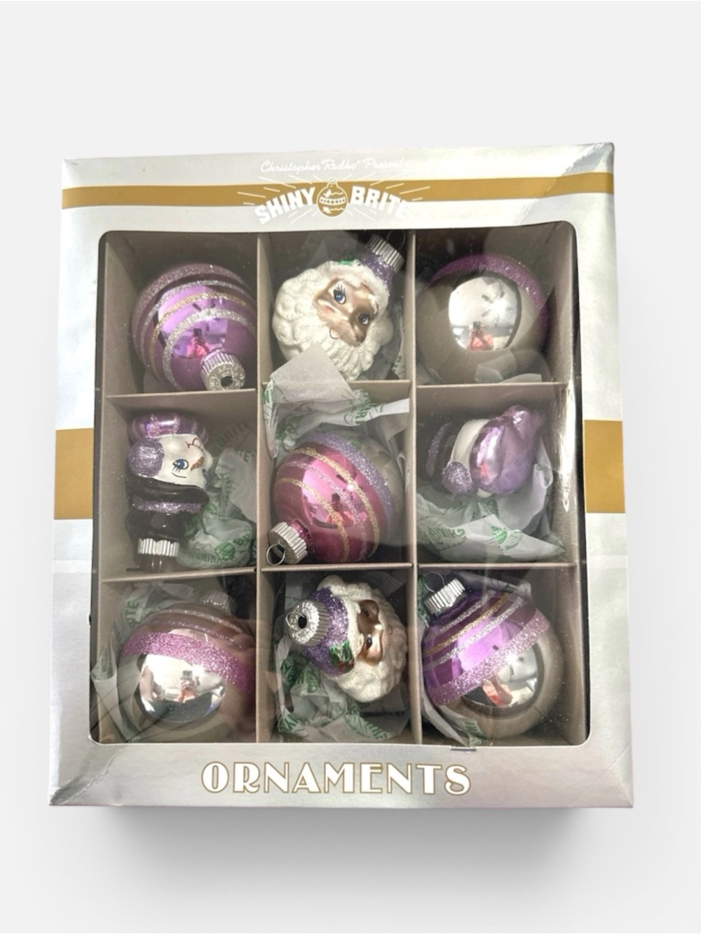 NEW RADKO Shiny Brite Purple & Silver Christmas Ornaments - 9pc Set